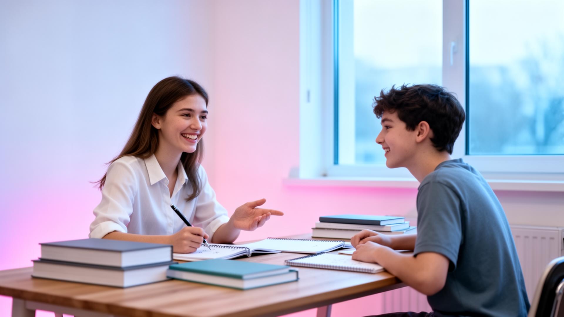 Nachhilfelehrerin erklärt einem Schüler ein mathematisches Konzept